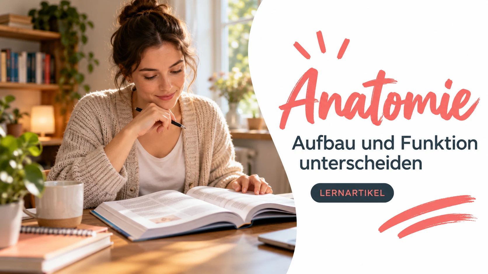 Titelbild Anatomie: Eine erwachsene Studierende liest konzentriert in einem Fachbuch.