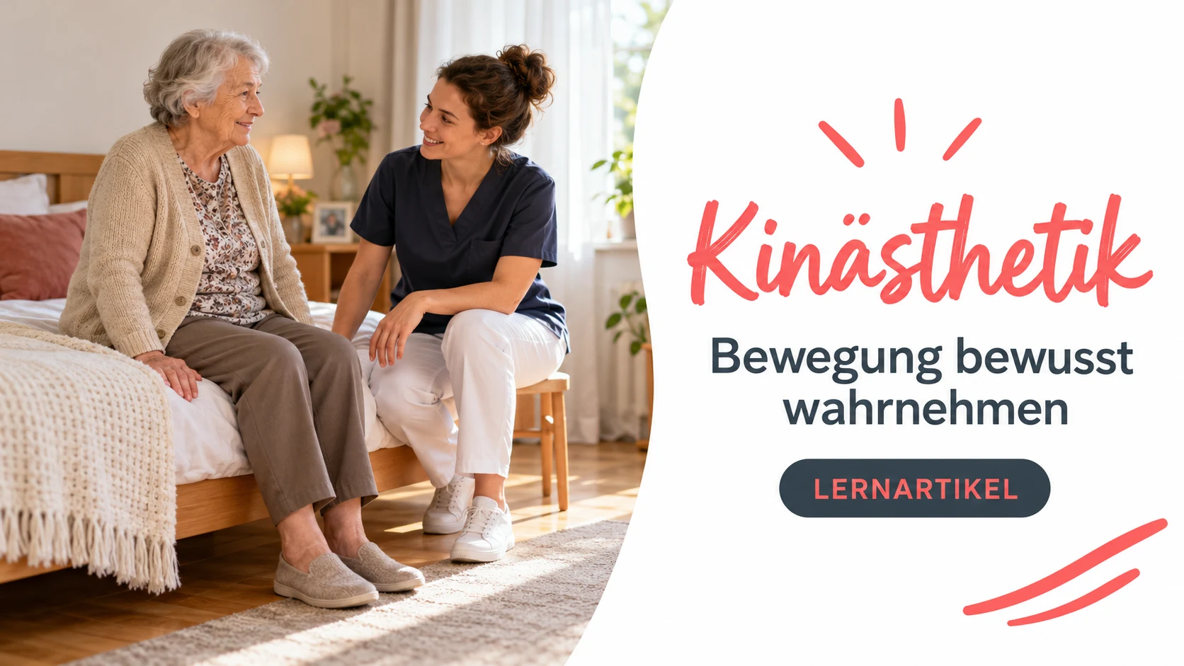 Titelbild: Eine ältere Frau sitzt stabil und bespricht Bewegung mit einer Fachperson.