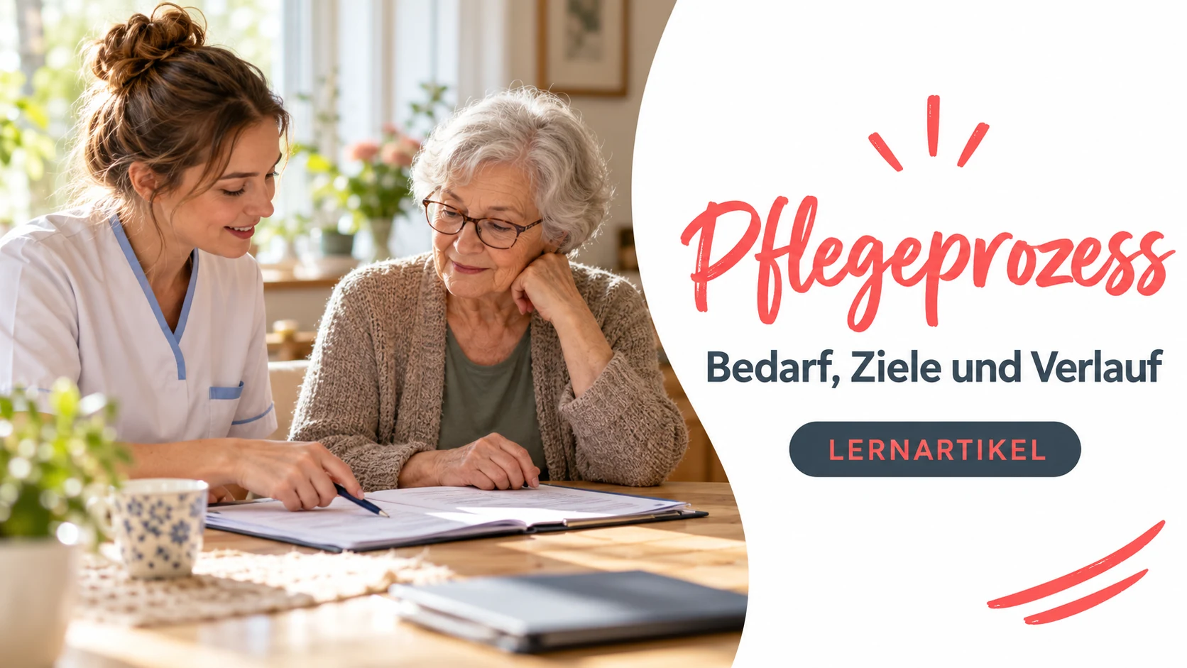 Titelbild: Pflegefachperson und ältere Frau besprechen Bedarf, Ziele und Verlauf.