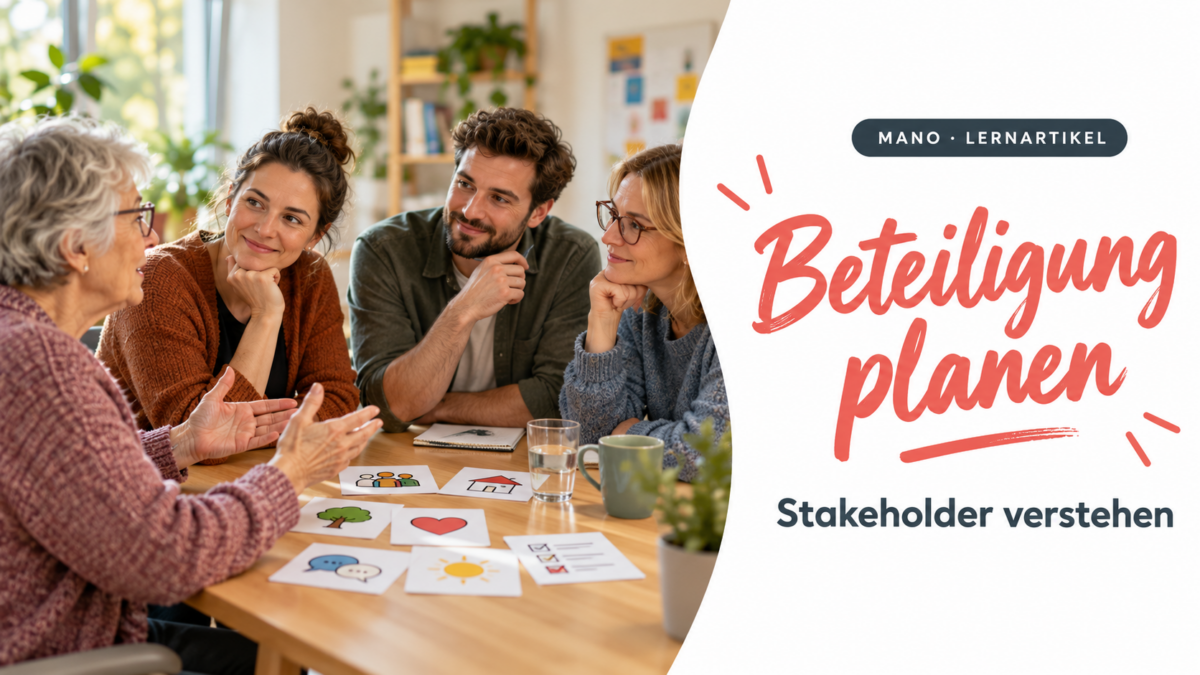 Eine ältere Frau und ein Betreuungsteam besprechen Wünsche. Titel: Beteiligung planen – Stakeholder verstehen.