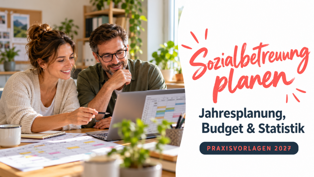 Zwei Fachkräfte planen Betreuungsangebote am Laptop; Titel: Sozialbetreuung planen – Jahresplanung, Budget und Statistik.