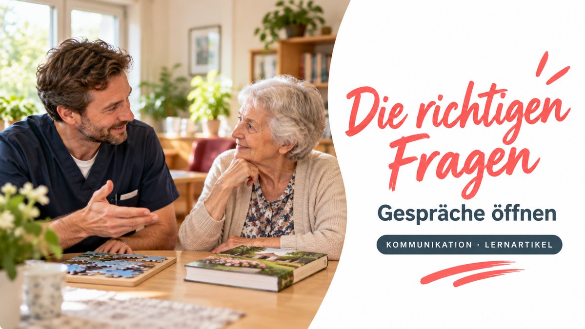 Die richtigen Fragen – Gespräche öffnen. Betreuungsperson und ältere Frau besprechen eine Auswahl.