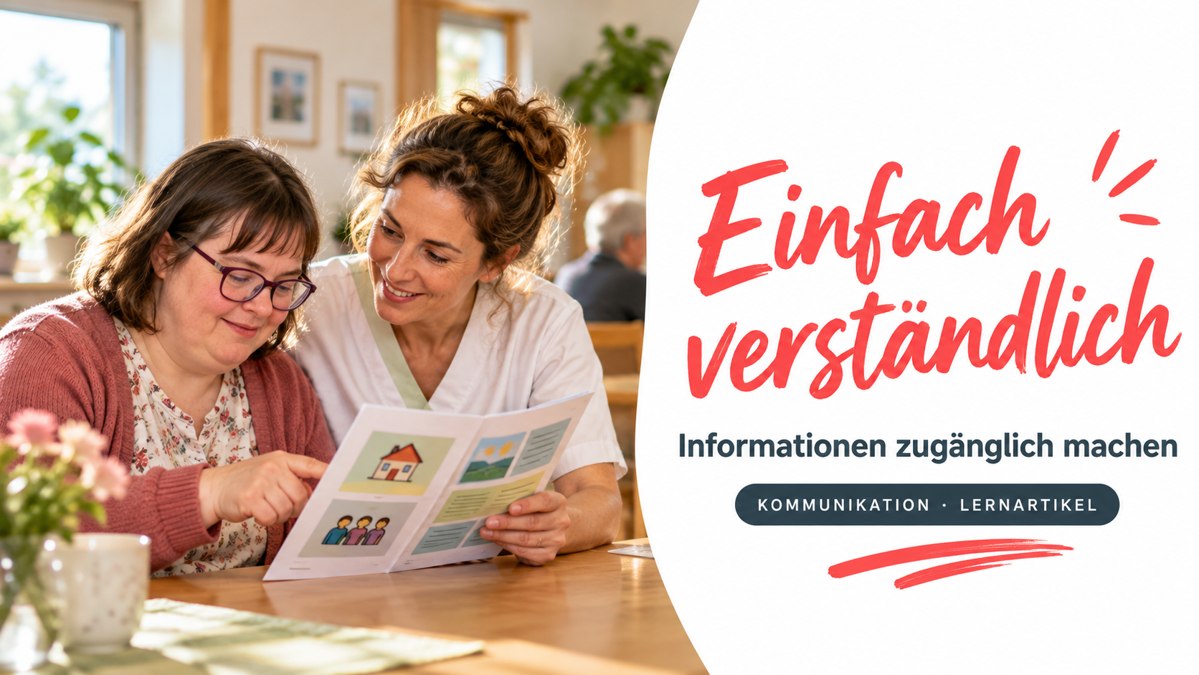Einfach verständlich – Informationen zugänglich machen. Zwei Frauen betrachten eine bebilderte Information.