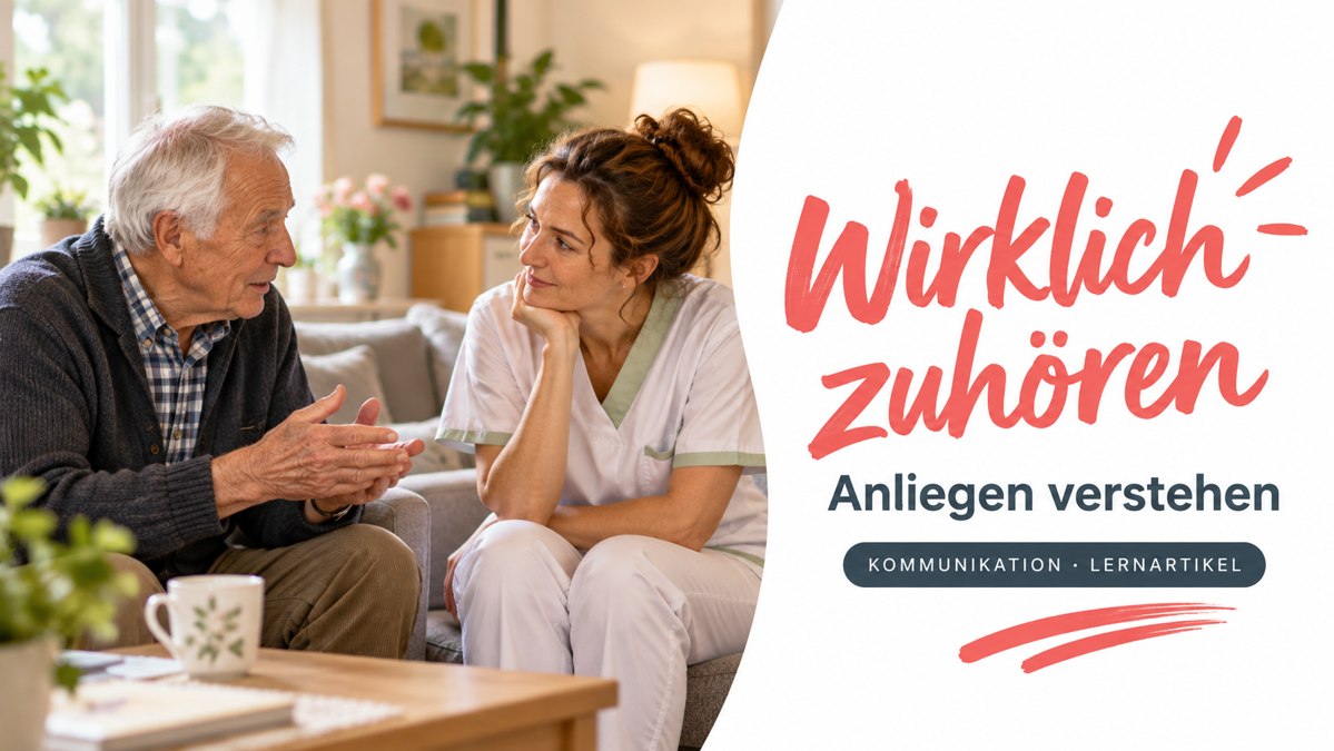Aktives Zuhören: älterer Mann im Gespräch mit einer aufmerksam zuhörenden Betreuungsperson. Titel: Wirklich zuhören – Anliegen verstehen.