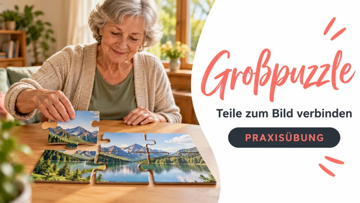 KI-Symbolbild: Eine ältere Frau setzt große Landschaftspuzzleteile zusammen.