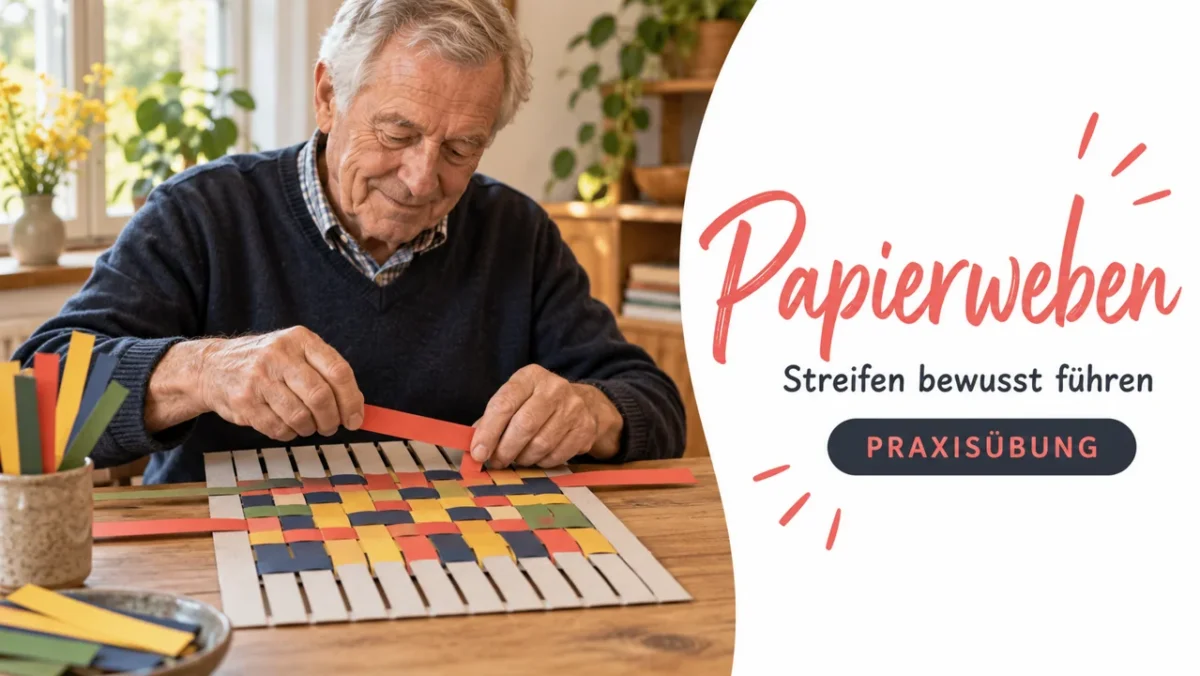 KI-Symbolbild: Ein älterer Mann webt breite Papierstreifen durch eine vorbereitete Karte.