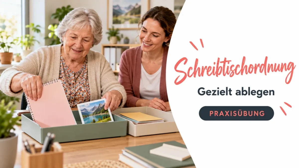 KI-Symbolbild: Eine ältere Frau ordnet große Karten und einen Notizblock in Ablageschalen.