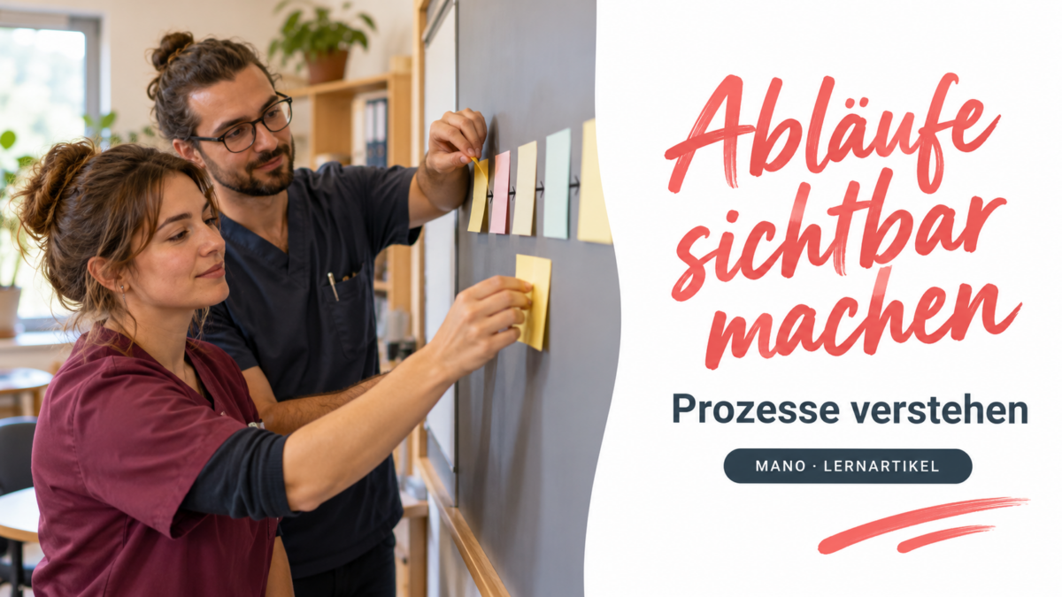 KI-Symbolbild zum MANO-Fachartikel: Prozessmapping: einen Betreuungsablauf Schritt für Schritt sichtbar machen. Vom tatsächlichen Ablauf zu einer überprüfbaren Verbesserung.