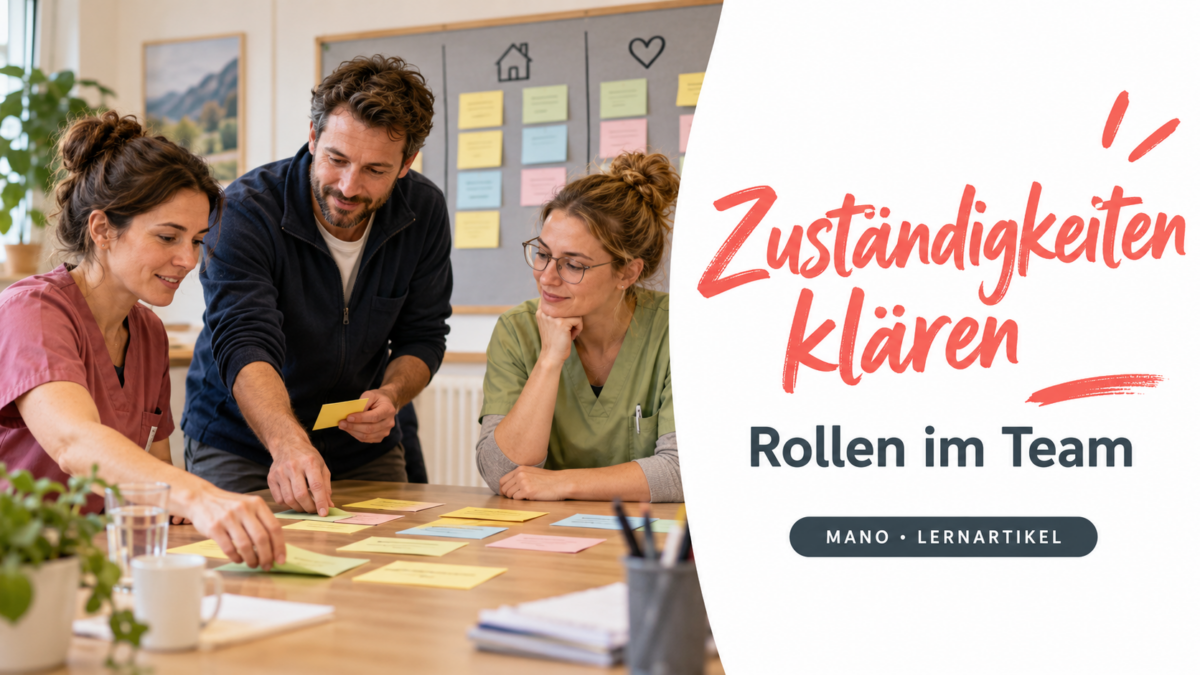 Ein Betreuungsteam ordnet Aufgaben zu. Titel: Zuständigkeiten klären – Rollen im Team.